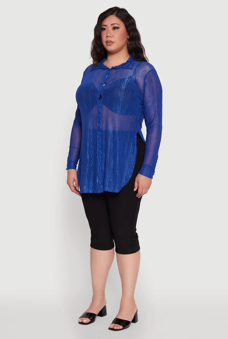 Womens Plus Sheer Classic Fit Long Sleeve Tunic Shirt,
