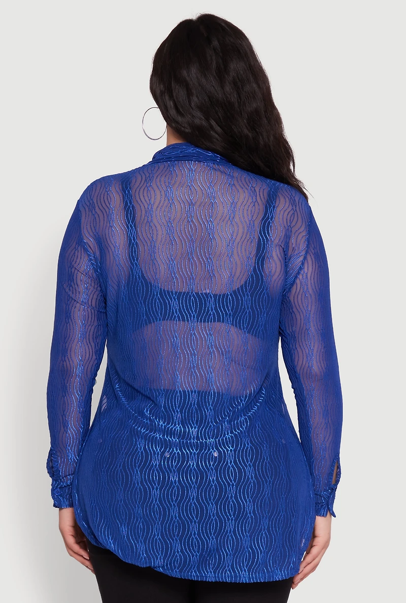Womens Plus Sheer Classic Fit Long Sleeve Tunic Shirt,