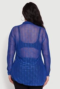 Womens Plus Sheer Classic Fit Long Sleeve Tunic Shirt,