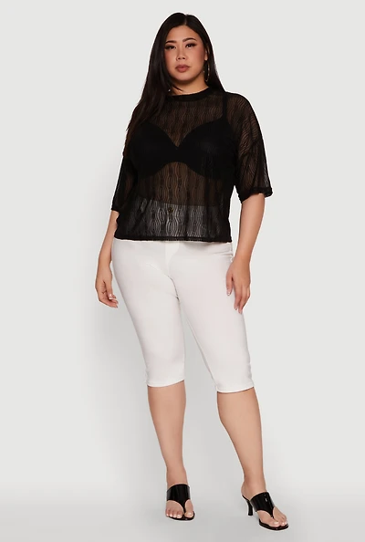 Womens Plus Chic Sheer Mesh Blouse with Crew Neck and Short Sleeves,