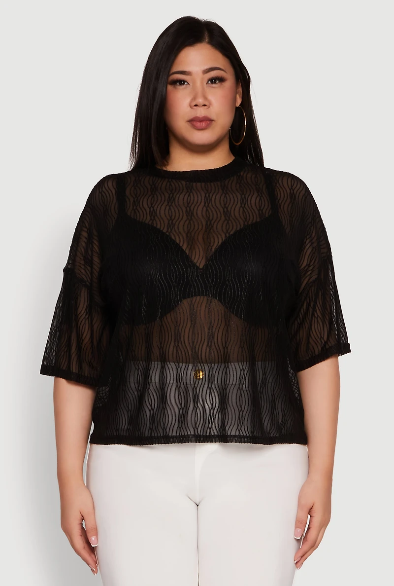 Plus Chic Sheer Mesh Blouse with Crew Neck and Short Sleeves