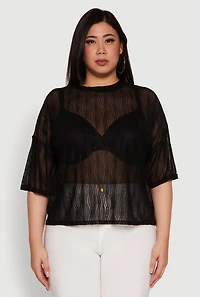 Plus Chic Sheer Mesh Blouse with Crew Neck and Short Sleeves