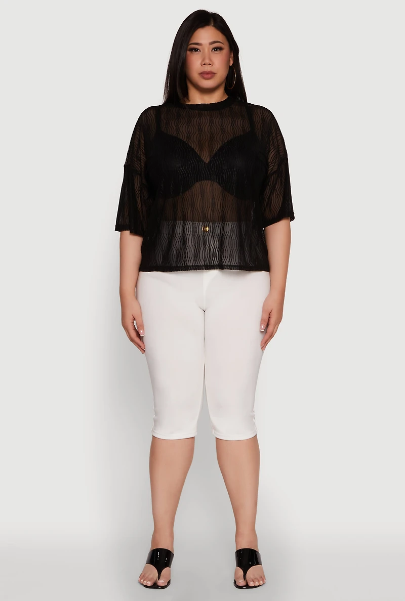 Plus Chic Sheer Mesh Blouse with Crew Neck and Short Sleeves