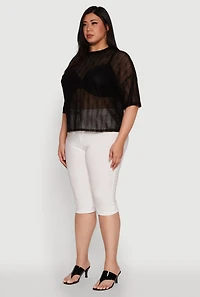 Plus Chic Sheer Mesh Blouse with Crew Neck and Short Sleeves