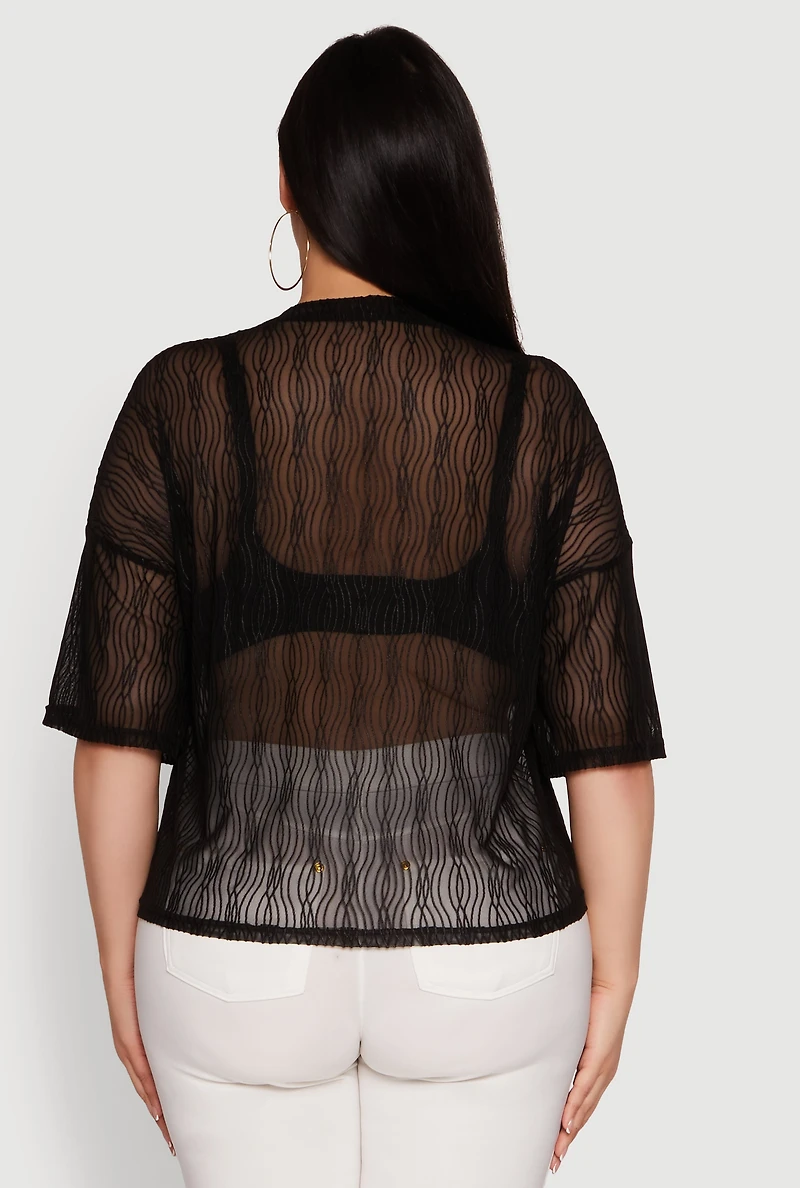 Plus Chic Sheer Mesh Blouse with Crew Neck and Short Sleeves