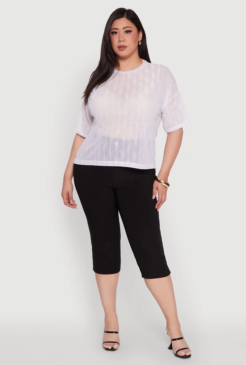 Womens Plus Size Chic Sheer Mesh Blouse with Crew Neck and Short Sleeves, White, Size 1X
