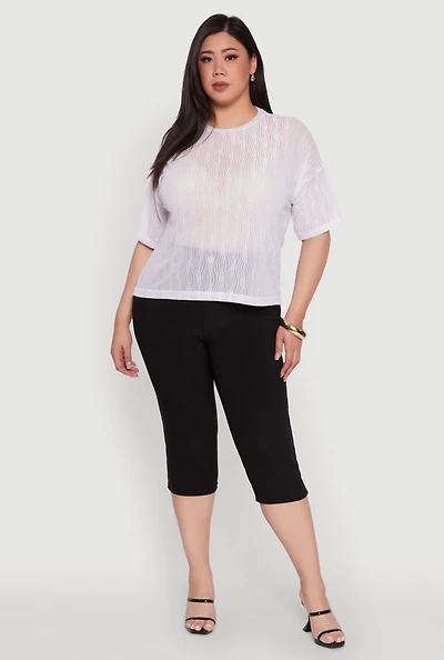 Womens Plus Size Chic Sheer Mesh Blouse with Crew Neck and Short Sleeves, White, Size 1X