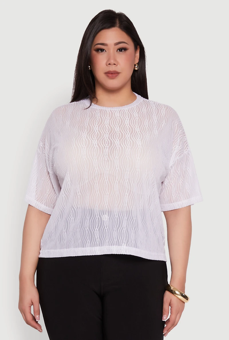 Womens Plus Size Chic Sheer Mesh Blouse with Crew Neck and Short Sleeves, White, Size 1X