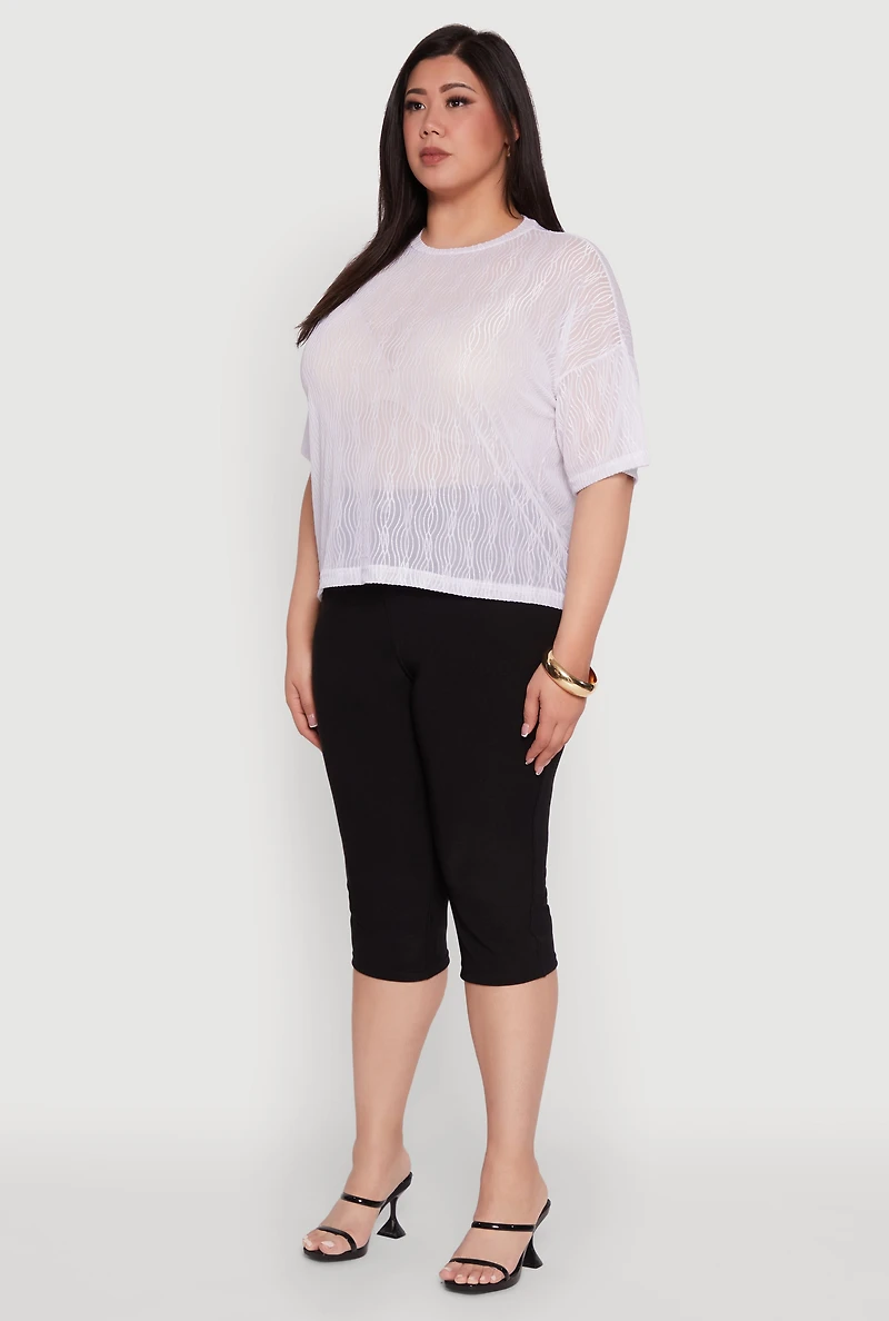 Womens Plus Size Chic Sheer Mesh Blouse with Crew Neck and Short Sleeves, White, Size 1X