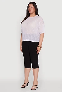 Womens Plus Size Chic Sheer Mesh Blouse with Crew Neck and Short Sleeves, White, Size 1X