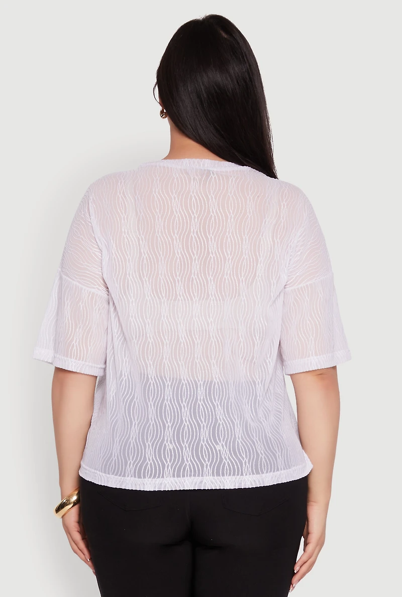 Womens Plus Size Chic Sheer Mesh Blouse with Crew Neck and Short Sleeves, White, Size 1X