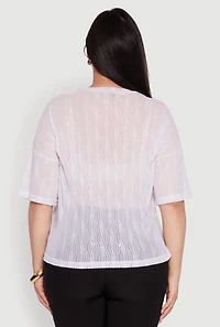 Womens Plus Size Chic Sheer Mesh Blouse with Crew Neck and Short Sleeves, White, Size 1X