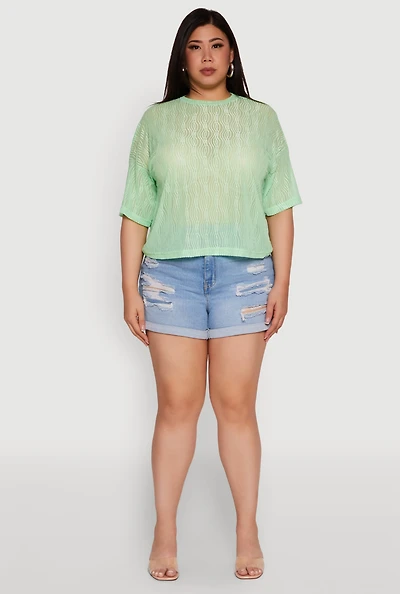 Womens Plus Size Chic Sheer Mesh Blouse with Crew Neck and Short Sleeves, Green, Size 4X