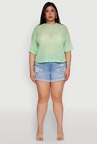 Womens Plus Size Chic Sheer Mesh Blouse with Crew Neck and Short Sleeves, Green, Size 4X
