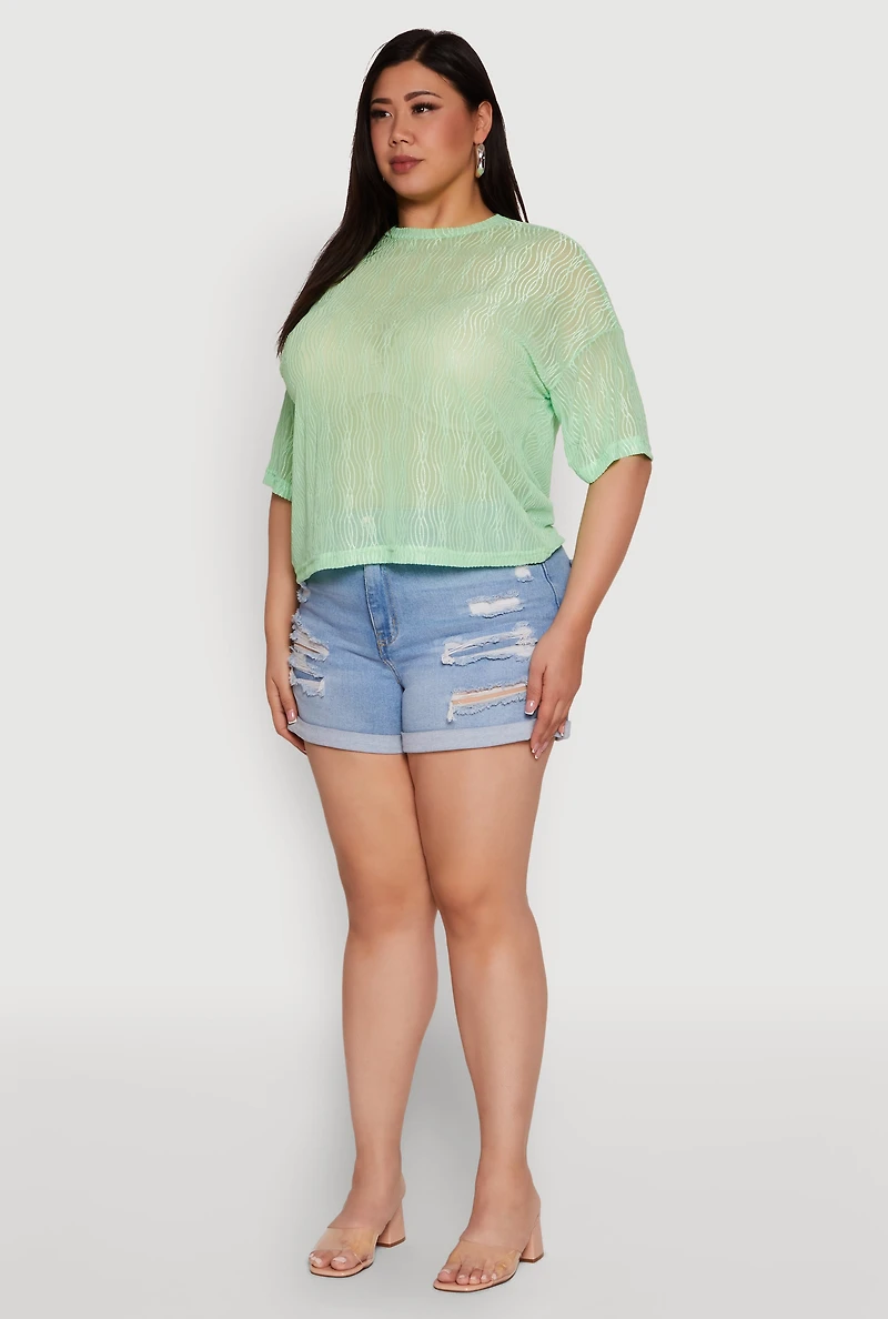 Womens Plus Size Chic Sheer Mesh Blouse with Crew Neck and Short Sleeves, Green, Size 4X