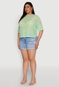 Womens Plus Size Chic Sheer Mesh Blouse with Crew Neck and Short Sleeves, Green, Size 4X