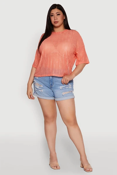 Womens Plus Chic Sheer Mesh Blouse with Crew Neck and Short Sleeves,