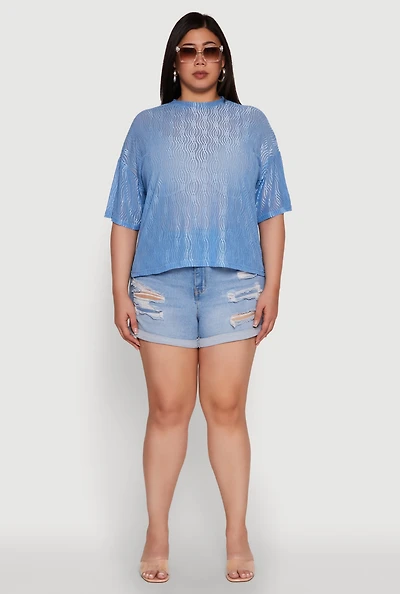 Womens Plus Chic Sheer Mesh Blouse with Crew Neck and Short Sleeves,