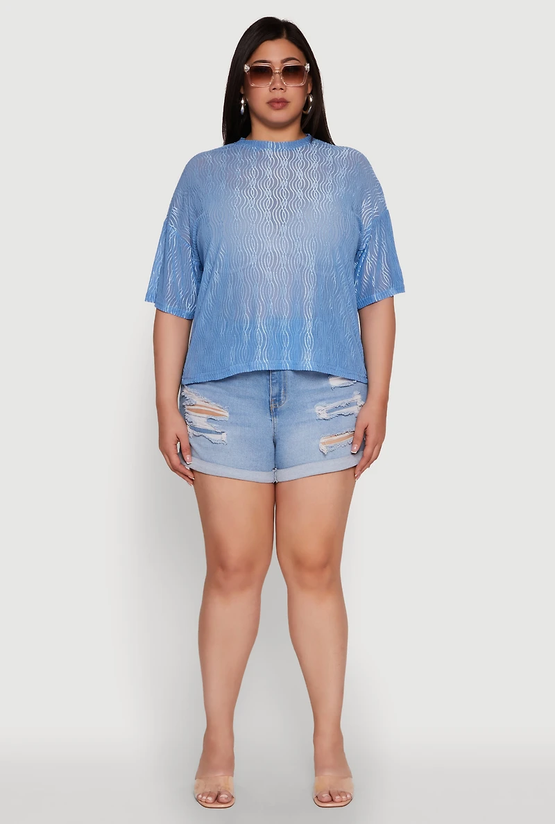 Plus Chic Sheer Mesh Blouse with Crew Neck and Short Sleeves