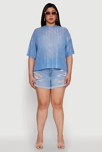 Plus Chic Sheer Mesh Blouse with Crew Neck and Short Sleeves