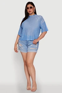 Womens Plus Chic Sheer Mesh Blouse with Crew Neck and Short Sleeves,