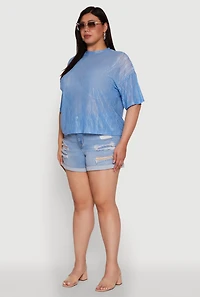 Womens Plus Chic Sheer Mesh Blouse with Crew Neck and Short Sleeves,