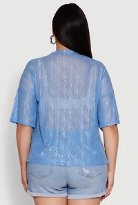 Womens Plus Chic Sheer Mesh Blouse with Crew Neck and Short Sleeves,
