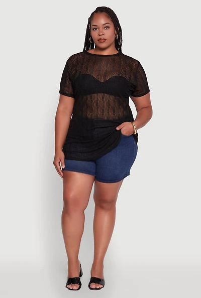 Womens Plus Sheer Textured Knit Tunic Top,