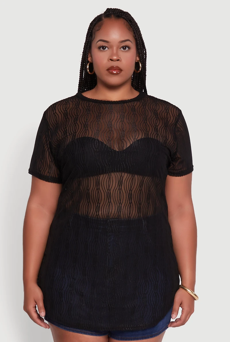 Womens Plus Sheer Textured Knit Tunic Top,
