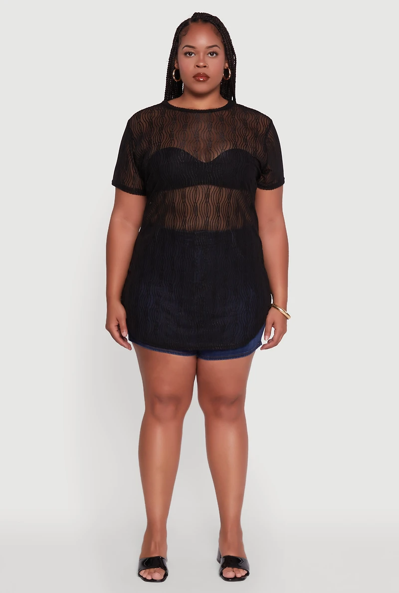 Womens Plus Sheer Textured Knit Tunic Top,
