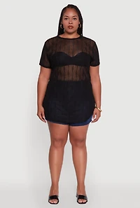 Womens Plus Sheer Textured Knit Tunic Top,