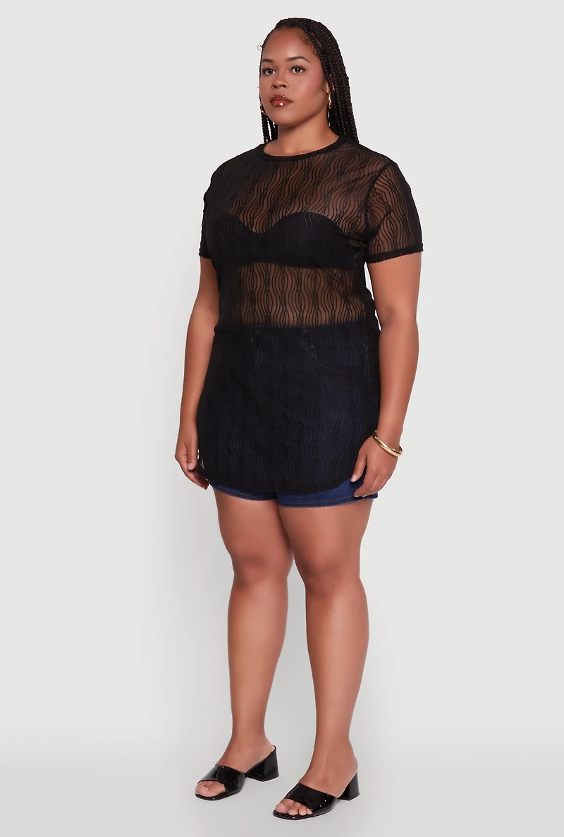 Womens Plus Sheer Textured Knit Tunic Top,