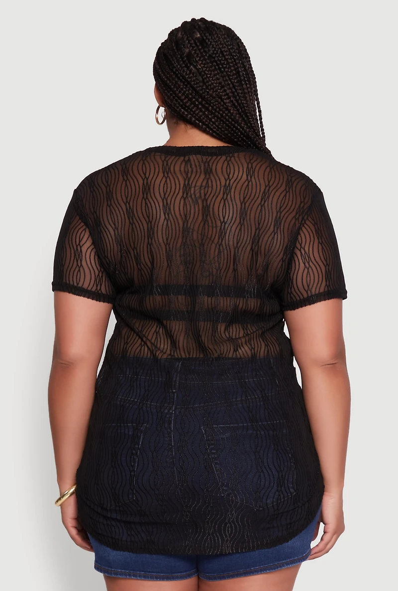 Womens Plus Sheer Textured Knit Tunic Top,