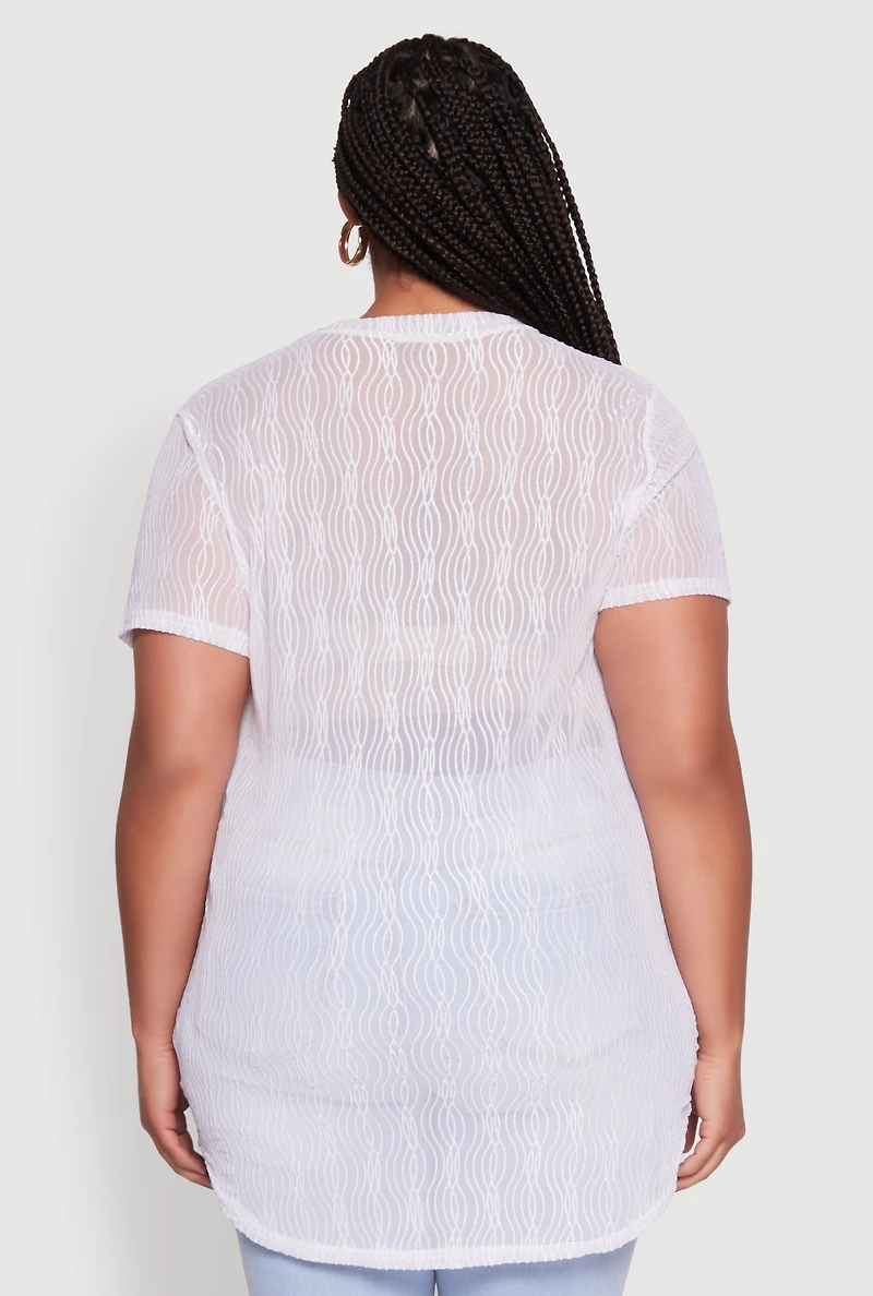 Womens Plus Size Sheer Textured Knit Tunic Top, White, Size 4X