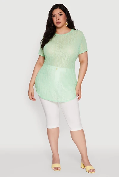 Womens Plus Sheer Textured Knit Tunic Top,