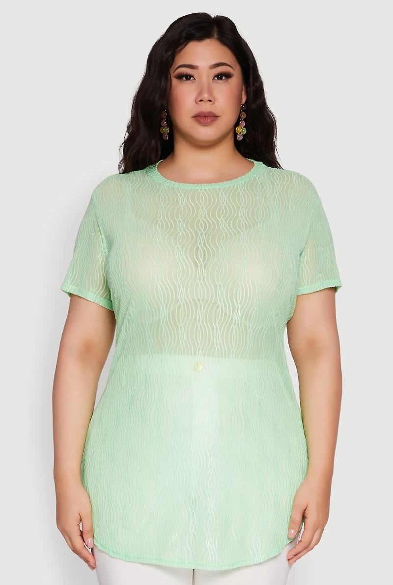 Womens Plus Sheer Textured Knit Tunic Top, 2X
