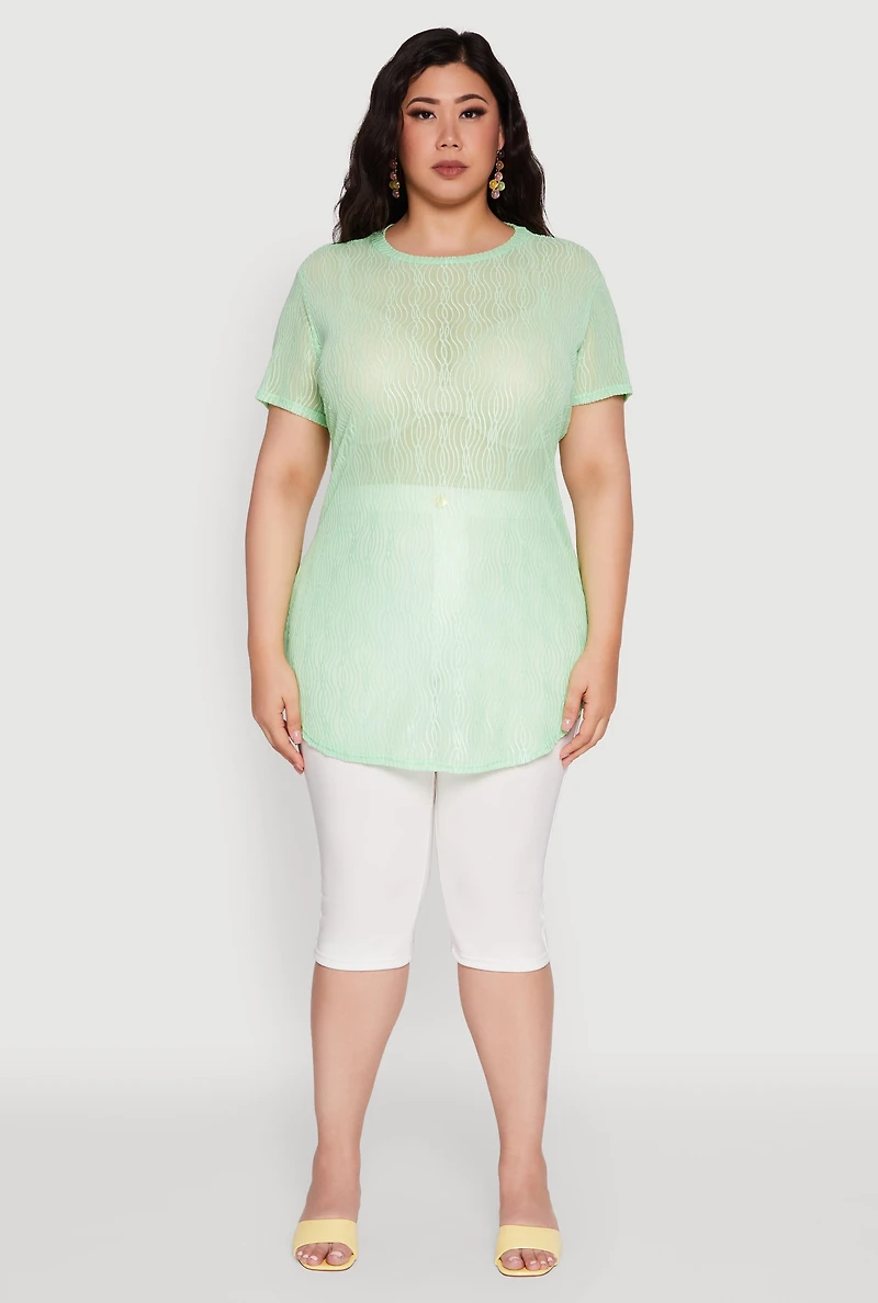 Womens Plus Size Sheer Textured Knit Tunic Top, Green, Size 1X