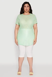 Womens Plus Size Sheer Textured Knit Tunic Top, Green, Size 1X