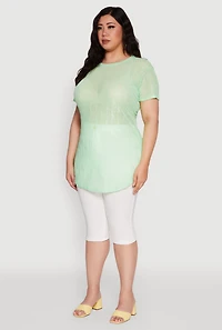 Womens Plus Size Sheer Textured Knit Tunic Top, Green, Size 1X