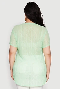 Womens Plus Size Sheer Textured Knit Tunic Top, Green, Size 1X