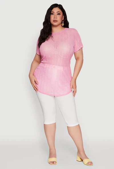 Womens Plus Sheer Textured Knit Tunic Top, Pink,