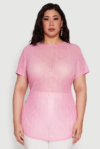 Womens Plus Sheer Textured Knit Tunic Top, Pink,