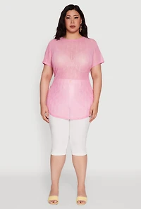 Womens Plus Sheer Textured Knit Tunic Top, Pink,