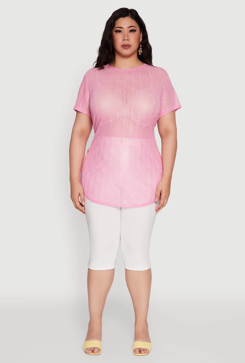 Womens Plus Sheer Textured Knit Tunic Top, Pink,