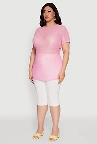 Womens Plus Sheer Textured Knit Tunic Top, Pink,