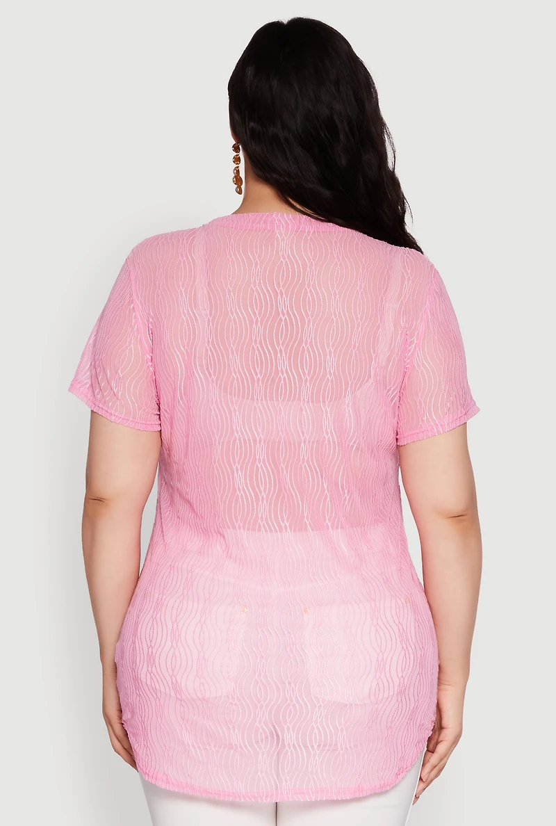 Womens Plus Sheer Textured Knit Tunic Top, Pink,
