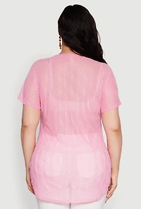 Womens Plus Sheer Textured Knit Tunic Top, Pink,