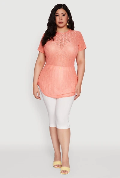Womens Plus Sheer Textured Knit Tunic Top,