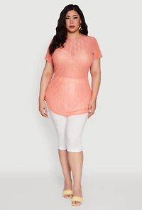 Womens Plus Sheer Textured Knit Tunic Top, Pink,