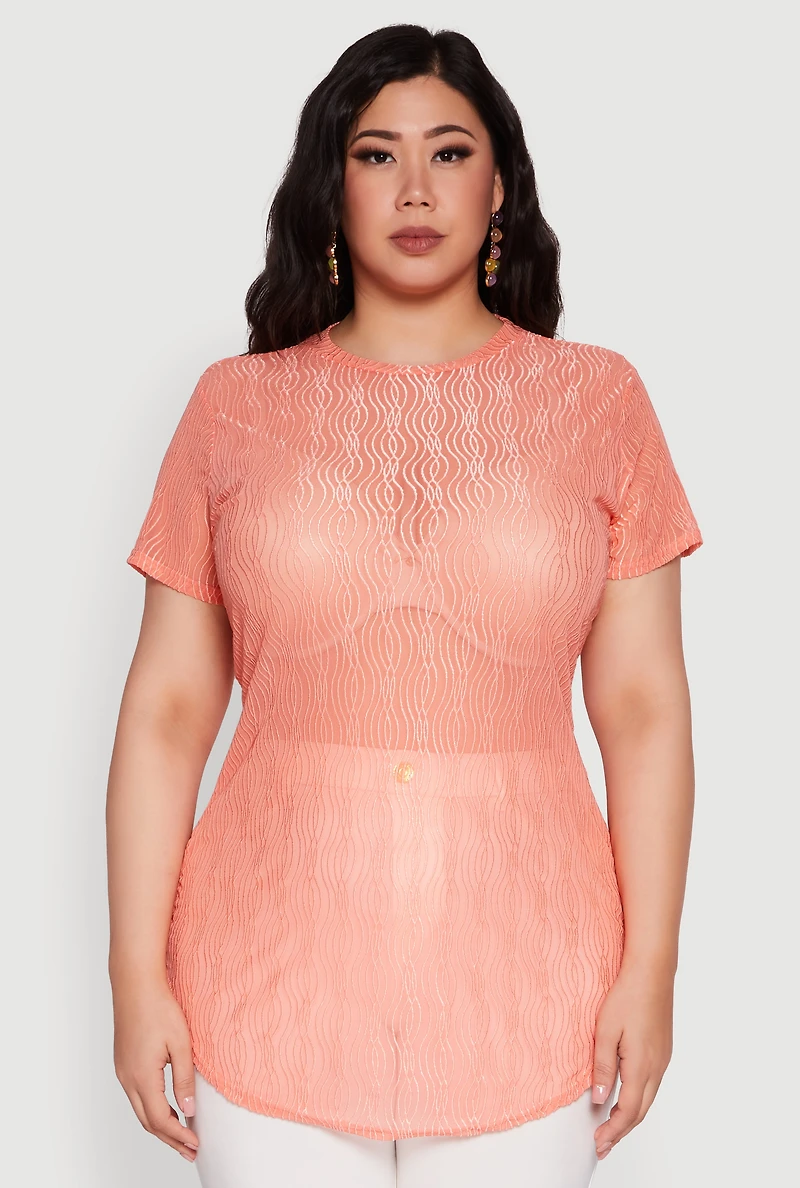 Womens Plus Sheer Textured Knit Tunic Top, Pink,